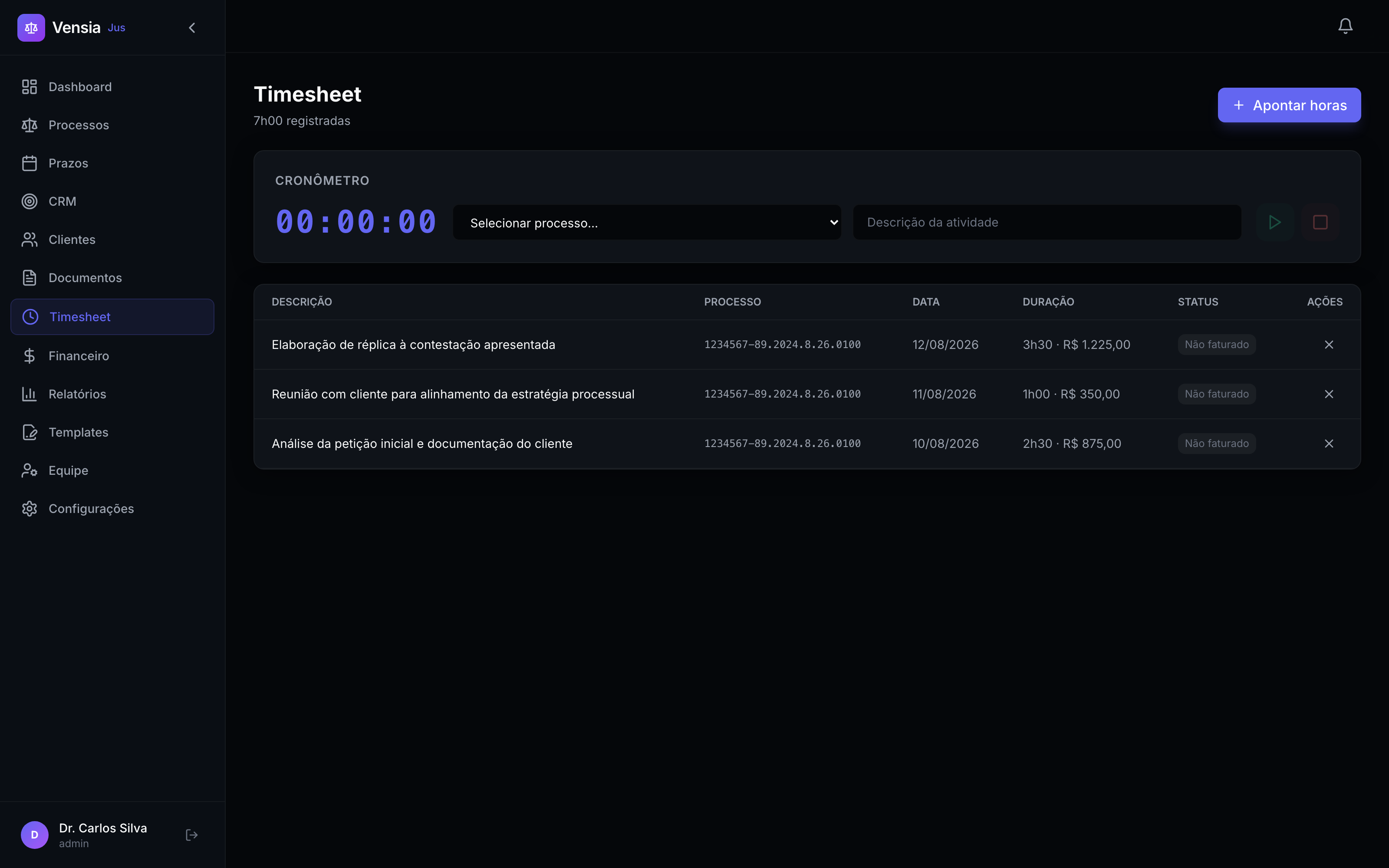 Timesheet com cronômetro e apontamentos com valor calculado