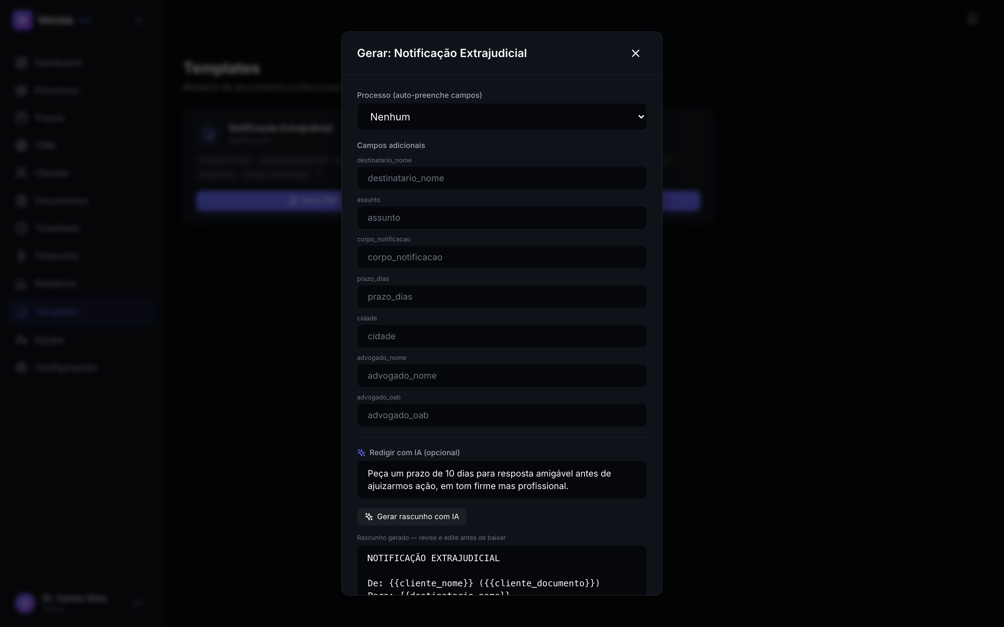 Modal de geração de documento com a seção Redigir com IA gerando um rascunho de notificação extrajudicial
