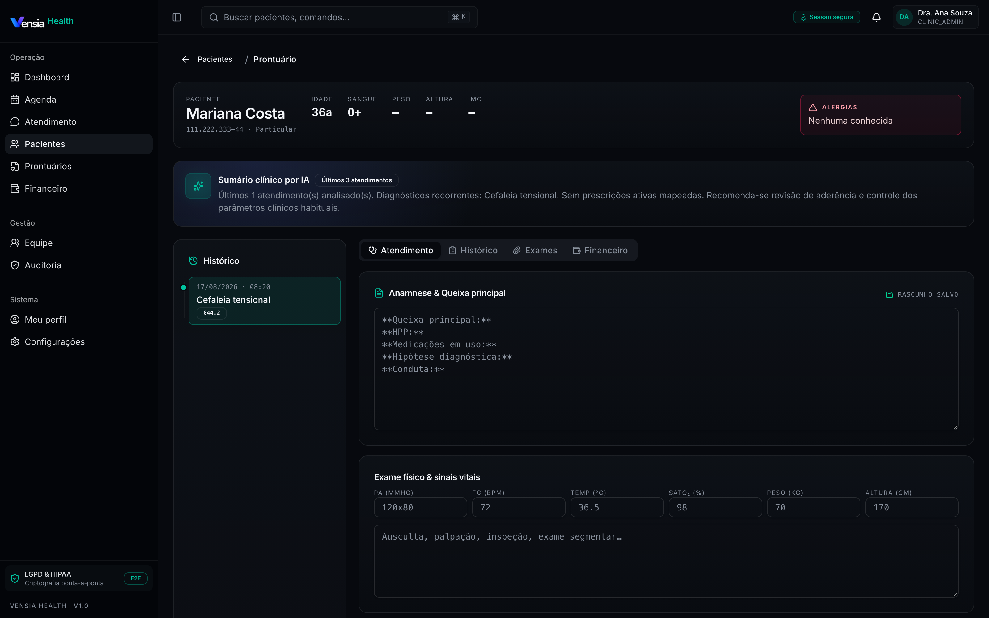 Prontuário do paciente com sumário clínico gerado por IA, alergias em destaque, histórico em timeline e anamnese com autosave